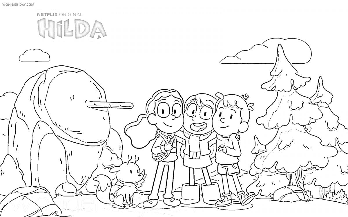 Раскраска Дети с белкой, большим каменным существом и хвойным деревом на фоне