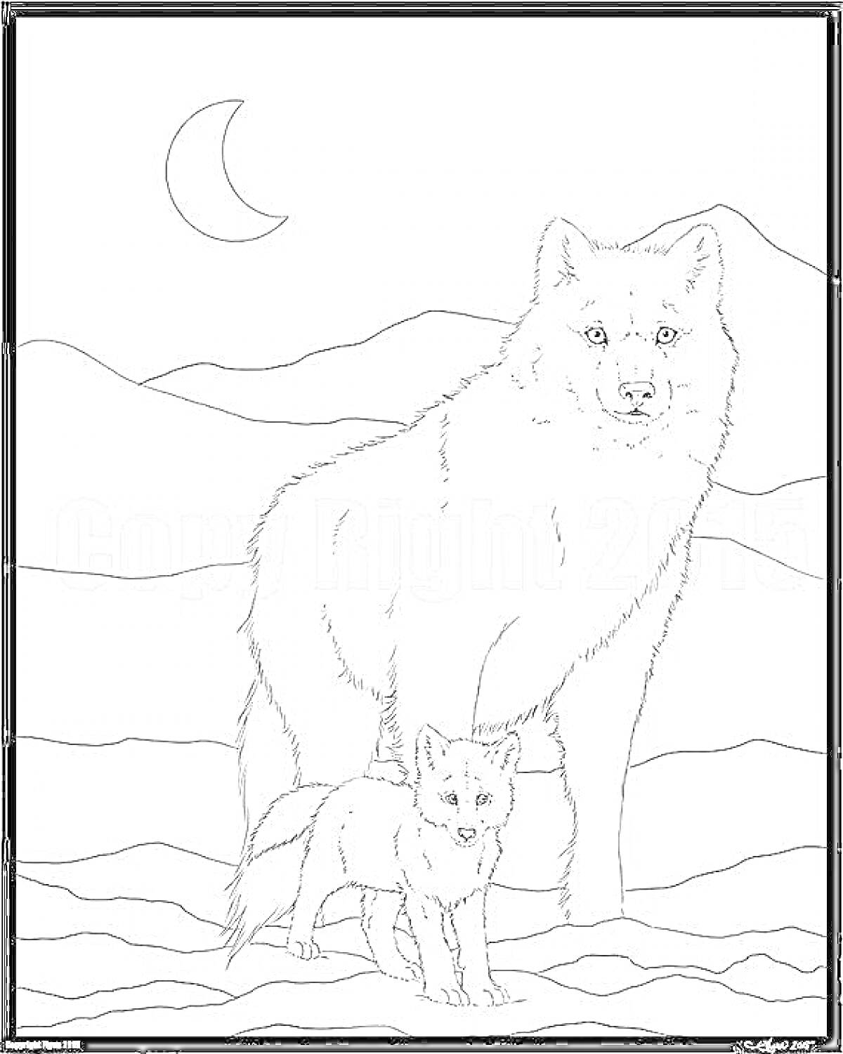 На раскраске изображено: Волчонок, Луна, Горы, Природа, Дикая природа, Животные