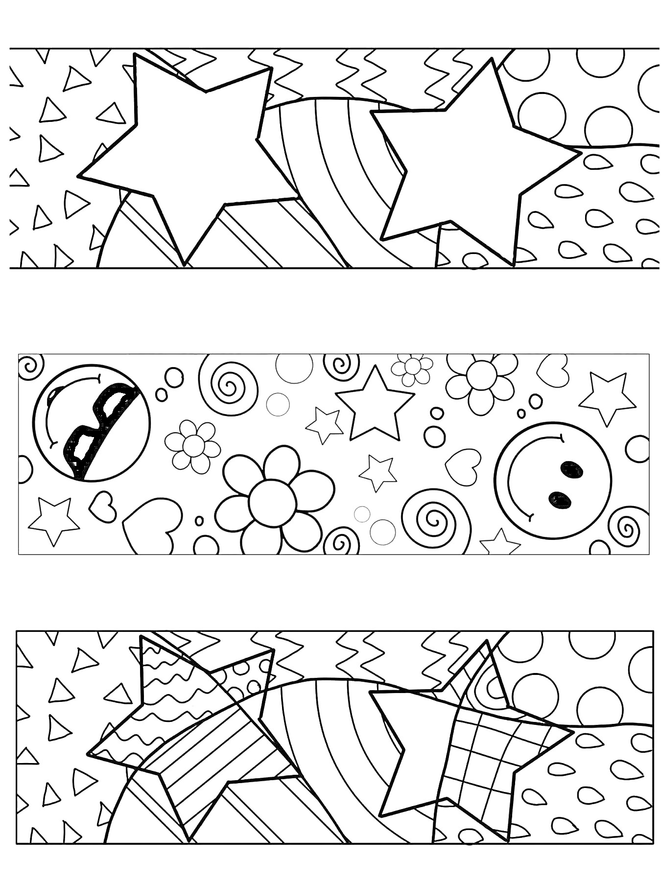 На раскраске изображено: Закладки, Звезды, Цветы, Смайлы, Абстрактные узоры, Геометрические формы, Зигзаги, Спираль, Круги, Сердца