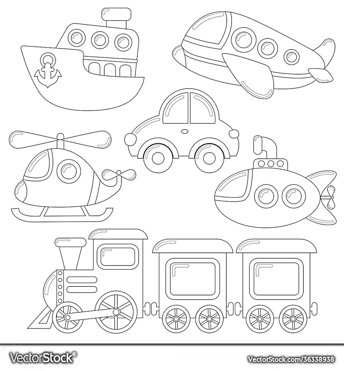 На раскраске изображено: Транспорт, Корабль, Вертолет, Подводная лодка, Паровоз