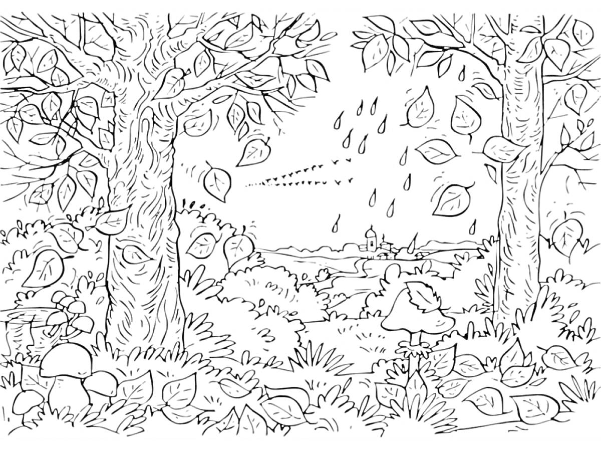 На раскраске изображено: Осень, Сентябрь, Природа, Листья, Деревья, Грибы, Пейзаж, Дождь, Города