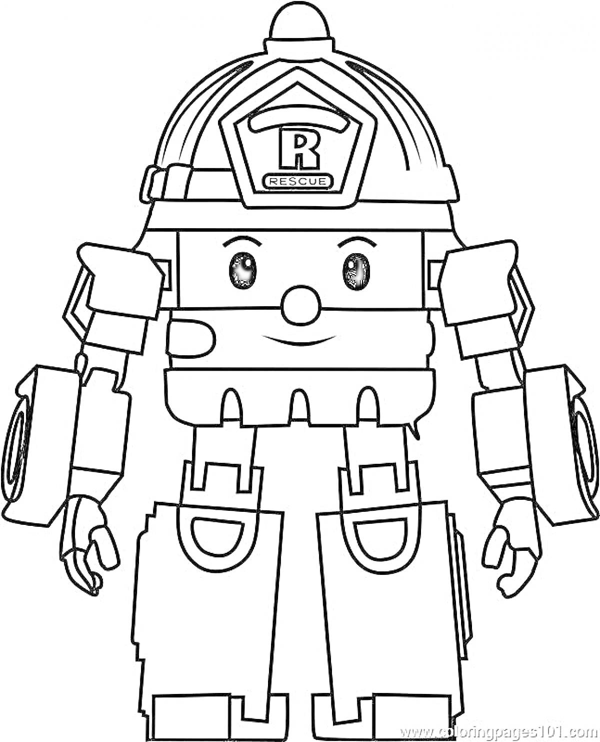 Раскраска Рой - пожарный робот с каской, мультяшный персонаж