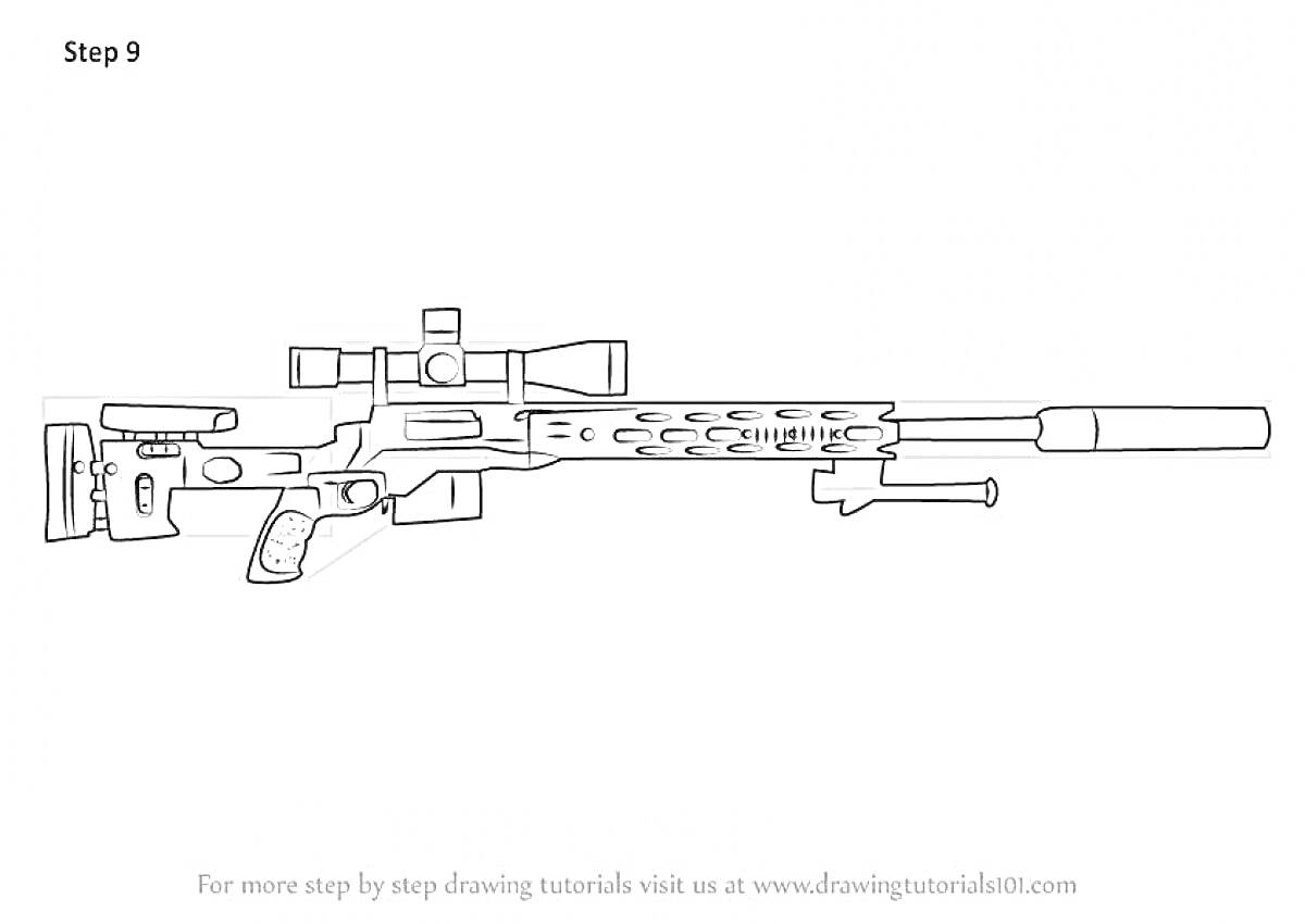 На раскраске изображено: Винтовка, Прицел, Сошка, Оружие, Контурные рисунки