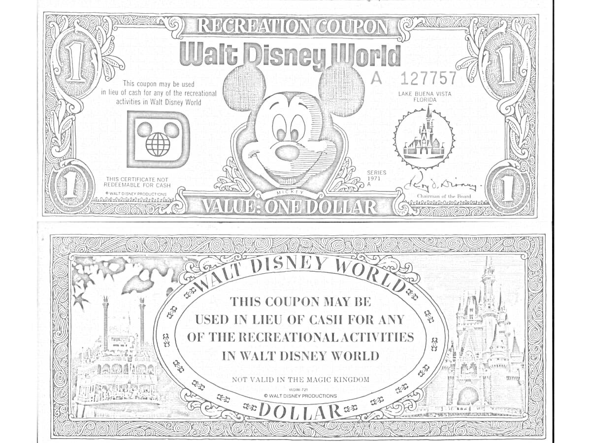 Раскраска Walt Disney World, Recreation Coupon, Value One Dollar, с изображением Mickey Mouse, номера купона A 127757, замок, текст условий использования