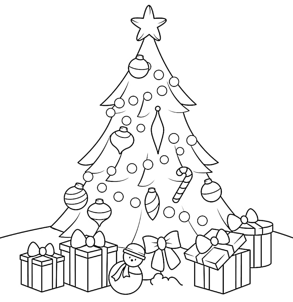 На раскраске изображено: Новый год, Украшения, Игрушки, Подарки, Снежинки, Мишура, Зимний лес, Снег