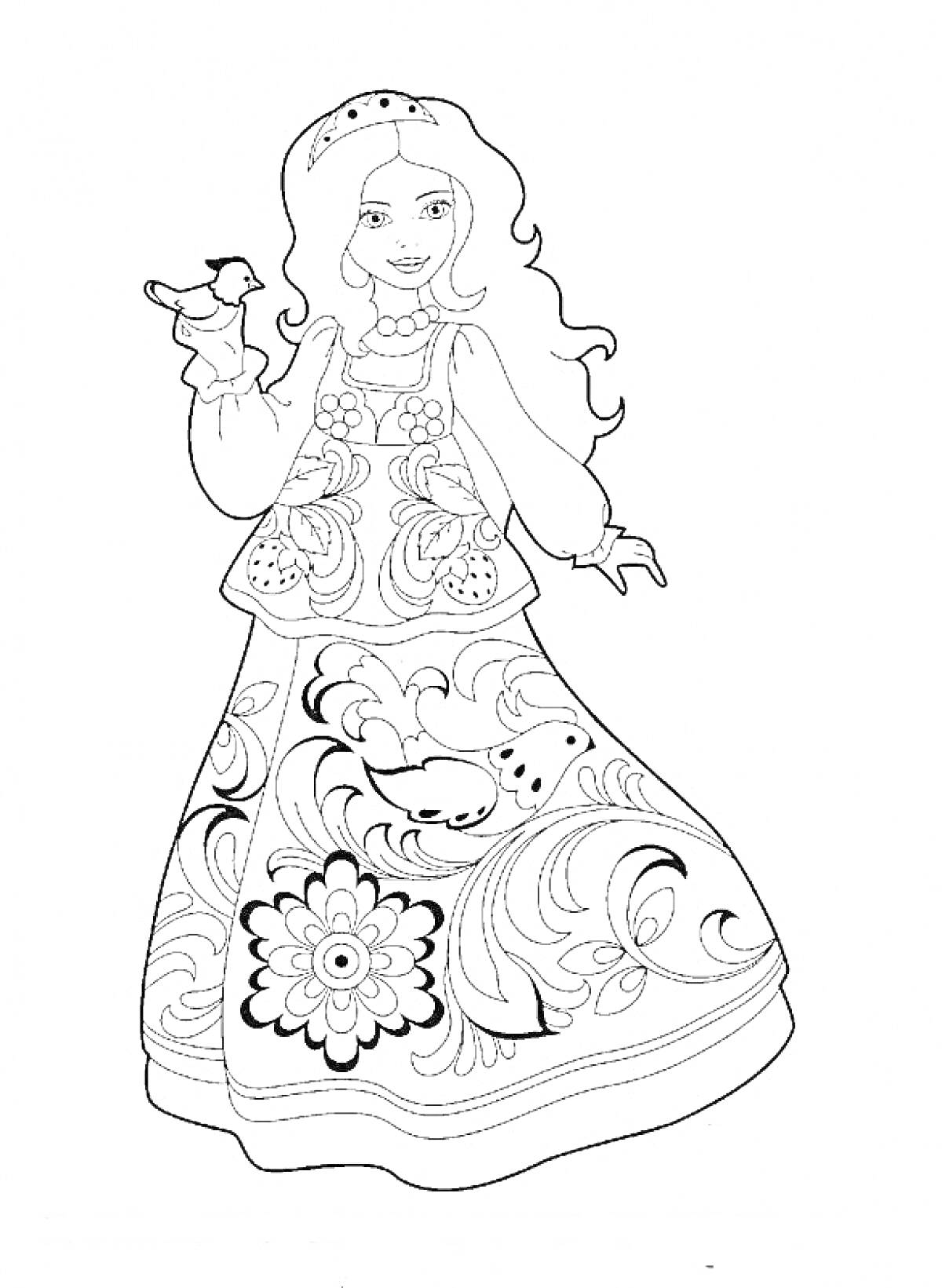 Раскраска Девушка с длинными волосами в узорчатом платье, держащая птицу