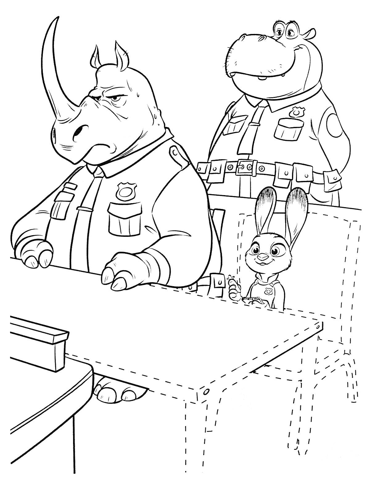 Раскраска Джуди Хоппс в полицейском участке с носорогом и бегемотом
