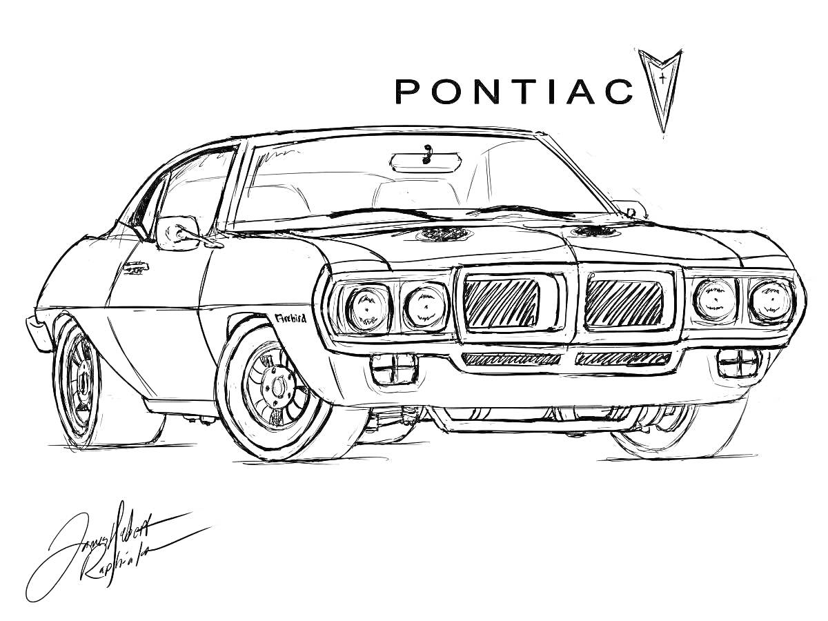 Классический автомобиль марки Pontiac с логотипом, автографом художника и надписью 