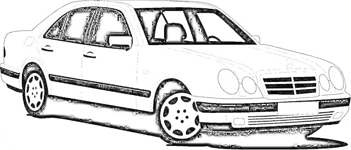 Раскраска Черно-белая раскраска автомобиля Мерседес с четырьмя фарами, характерной радиаторной решеткой, боковыми зеркалами и колесами.