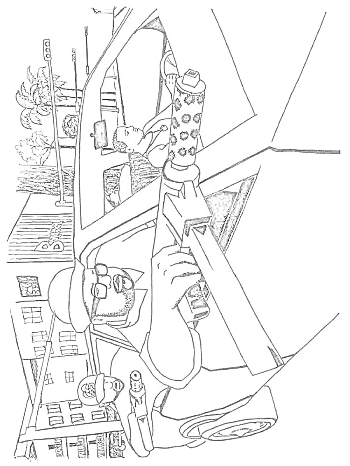Шутка в стиле ГТА - трое персонажей в машине с оружием, здания и деревья на фоне