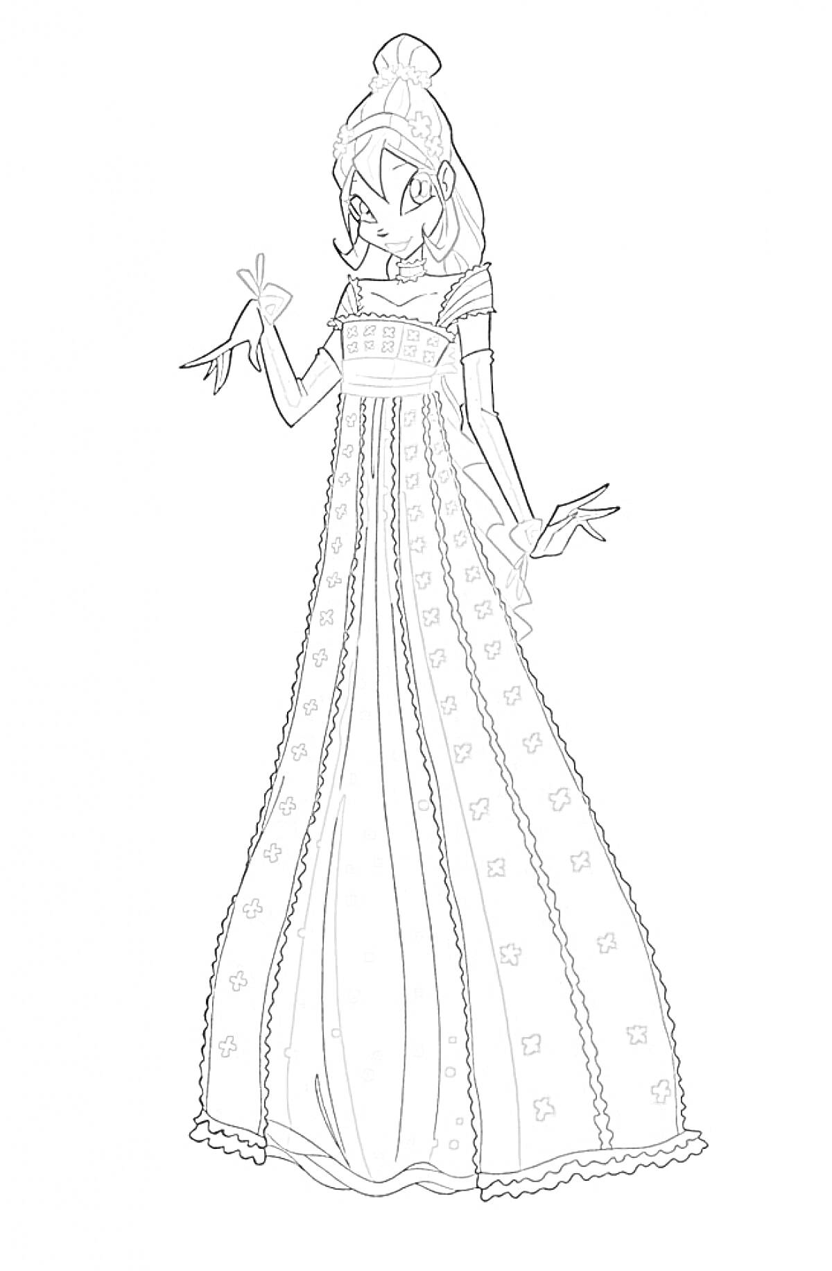 Принцесса в длинном платье с узорами и диадемой, поднятые волосы