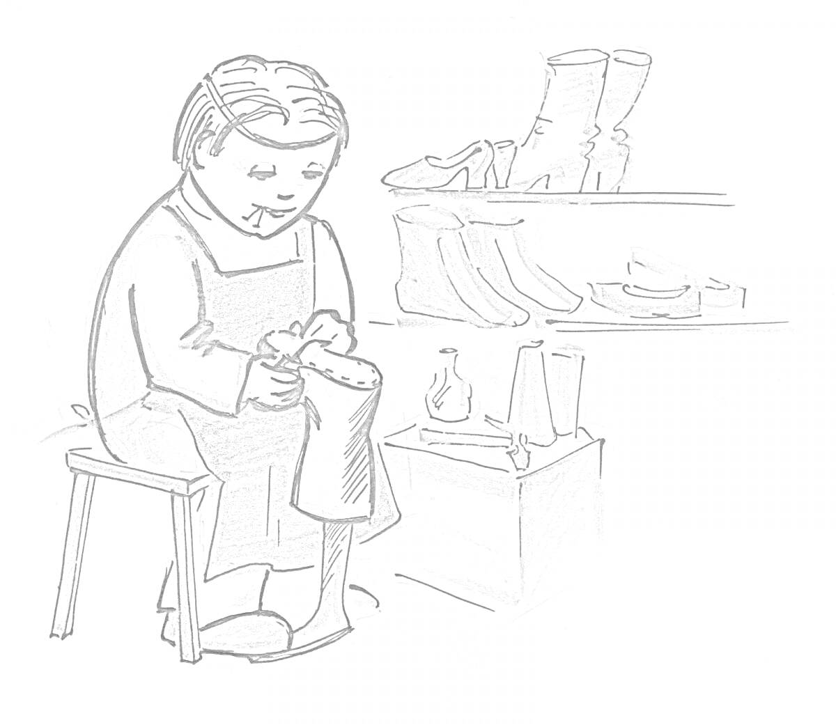 На раскраске изображено: Швея, Обувь, Мастерская, Шитье, Ткань, Швейные принадлежности, Сапоги, Женщина