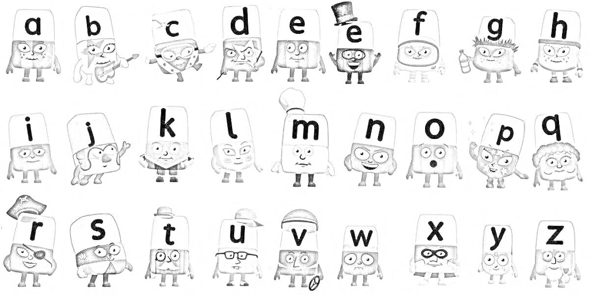 Раскраска Раскраска с персонажами алфавита от A до Z с различными аксессуарами и атрибутами