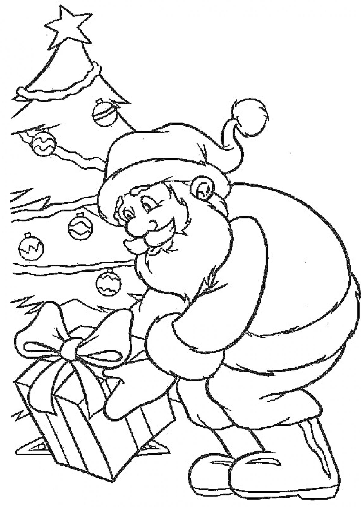 Раскраска Санта Клаус кладет подарок под украшенную рождественскую ёлку