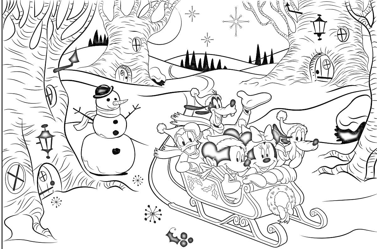 Раскраска Лесная новогодняя прогулка на санях. На рисунке изображены мультяшные персонажи в санях, снеговик, зимний лес с фонарями, заснеженные деревья с окнами-домами, падающий снег и звездное небо.