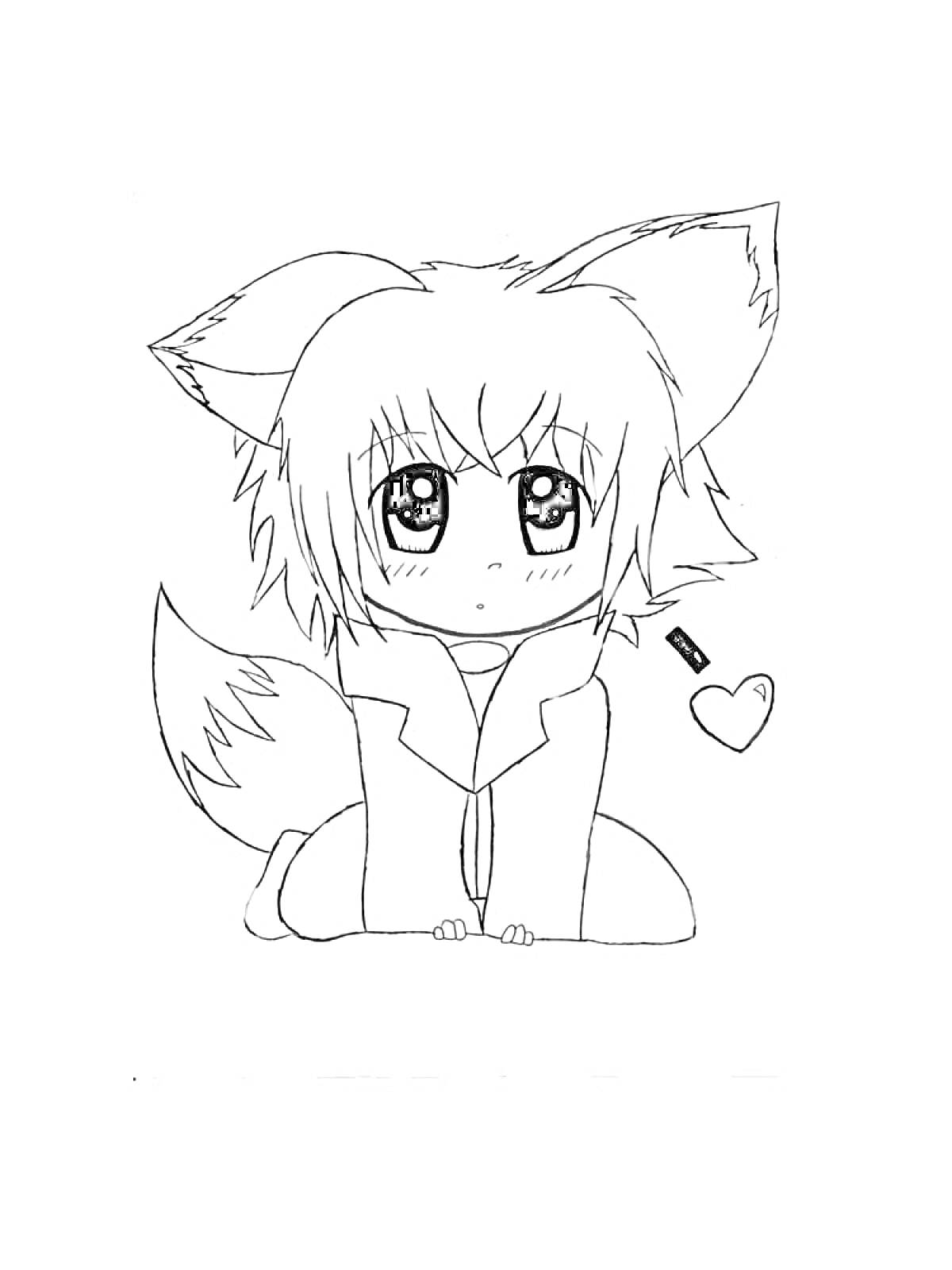 Раскраска Кавайный персонаж с ушами лисы, пушистым хвостом и сердечком
