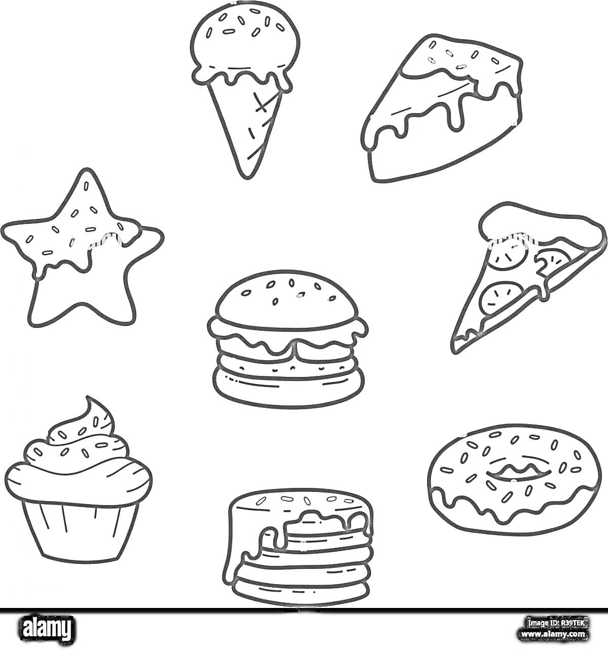 На раскраске изображено: Мороженое, Пирожное, Бургер, Пицца, Торт, Еда, Сладости, Десерты