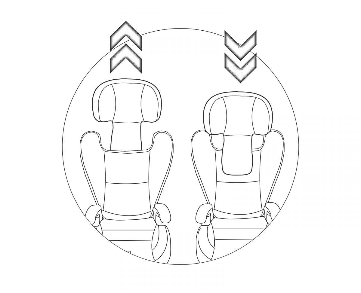 Два автокресла с подголовниками и ремнями безопасности в круге с черными стрелками вверх
