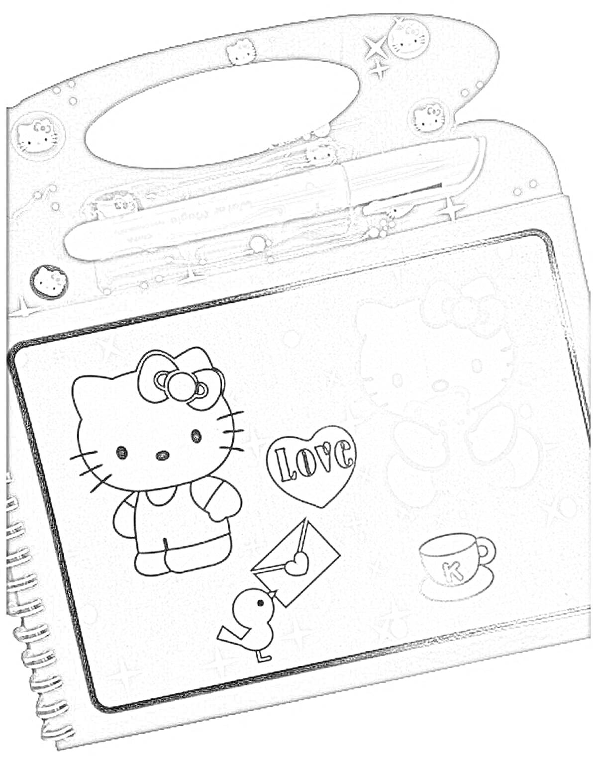 Раскраска Раскраска Hello Kitty с водяным фломастером, изображение Hello Kitty, сердце с надписью 