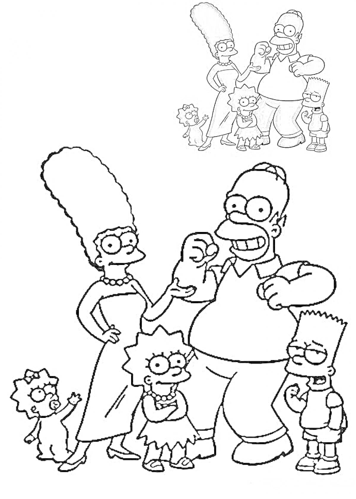 На раскраске изображено: По номерам, Симпсоны, Гомер, Мардж, Барт, Лиза, Мэгги, Семья