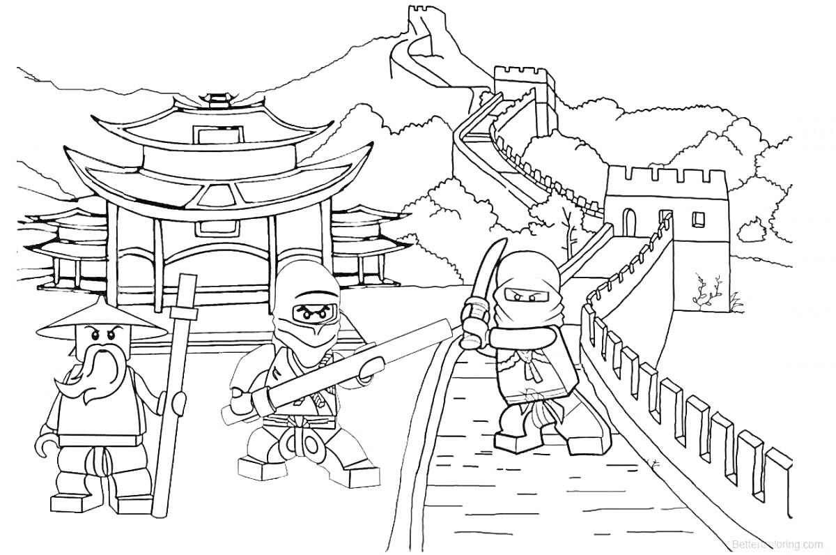 Раскраска Ниндзяго у Великой Китайской Стены: храм, три ниндзя, стена, горы