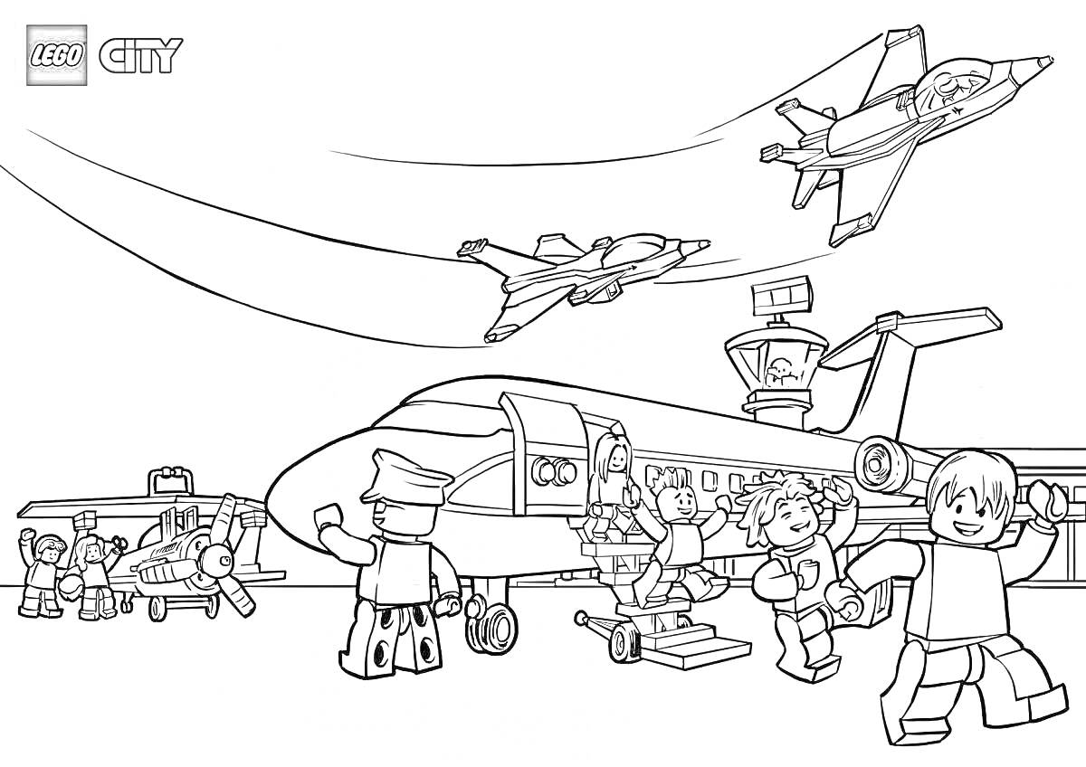 На раскраске изображено: Самолеты, Лего, Авиация, Техника, Игрушки, Для детей, Пилот