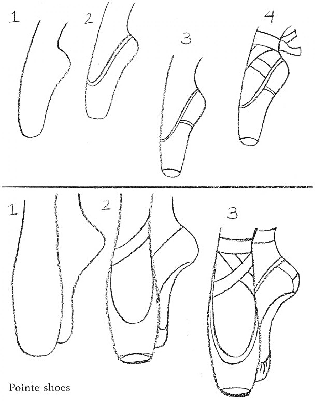 Раскраска Этапы надевания пуантов на ноги, ноги в пуантах в различных положениях