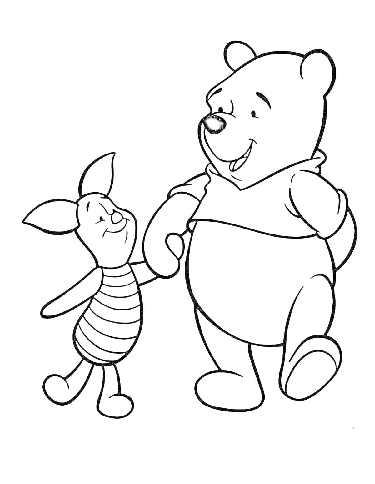 Раскраска Поросёнок и медведь держатся за руки