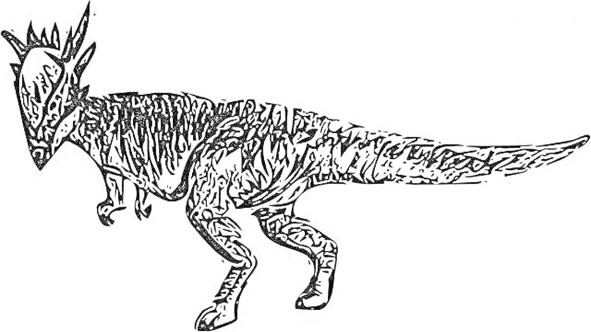 Раскраска Пахицефалозавр, изображенный в профиль с мочковатыми выростами на голове и длинным хвостом