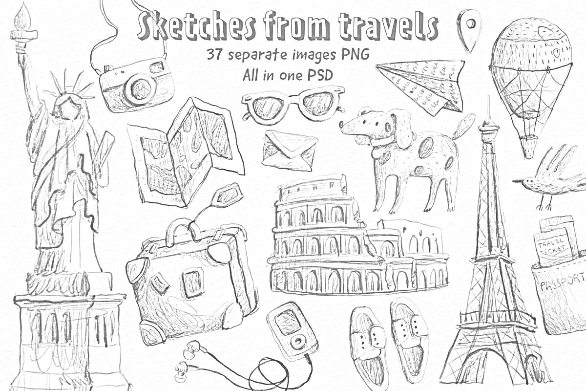 Sketches from travels. 37 separate images PNG. На фото изображены: Статуя Свободы, старинный фотоаппарат, чемодан, авиабилет, солнцезащитные очки, конверт, собака, Пизанская башня, дирижабль, почтовая марка, самолет, Эйфелева башня, карманный фотоаппарат,