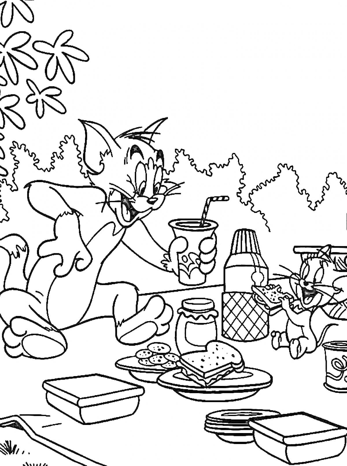 Раскраска Пикник Тома и Джерри под деревьями с бутербродами, печеньем и напитками