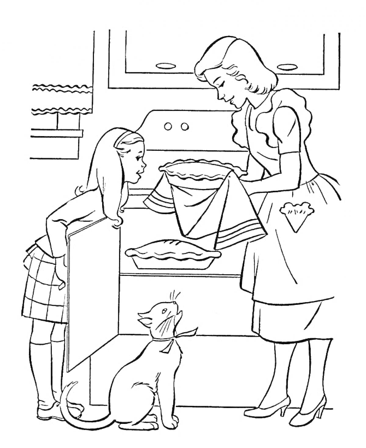 Раскраска Мама с дочкой готовят пирог на кухне, рядом стоит кот