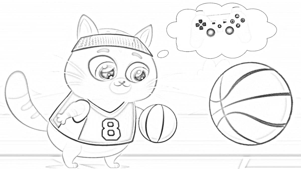 На раскраске изображено: Баскетбол, Баскетбольный мяч, Спортивная одежда, Цифра 8, Из мультфильмов, Кот, Повязка на голове