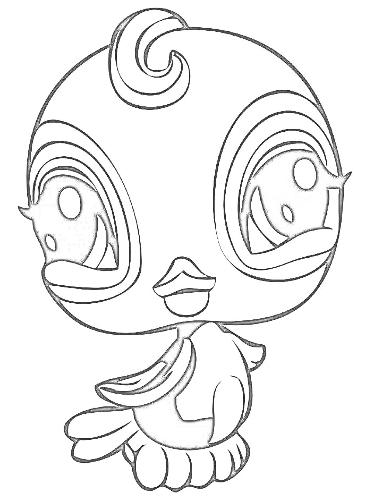 Раскраска Птичка из Литтл Пет Шоп с большими глазами и завитком на голове