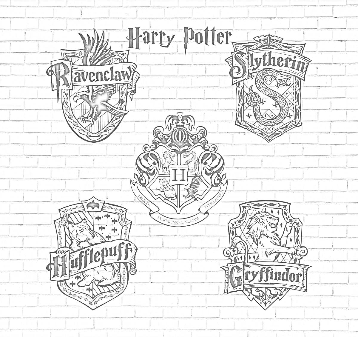 Раскраска Гербы факультетов Хогвартса на кирпичной стене (Ravenclaw, Slytherin, Gryffindor, Hufflepuff), с надписью 