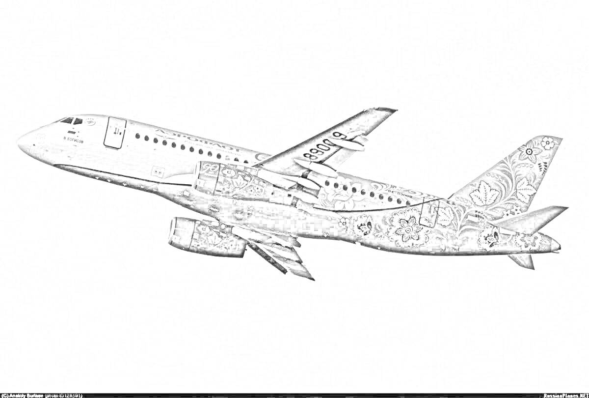 Раскраска Самолет российской авиакомпании в полете с декоративной росписью в традиционном стиле