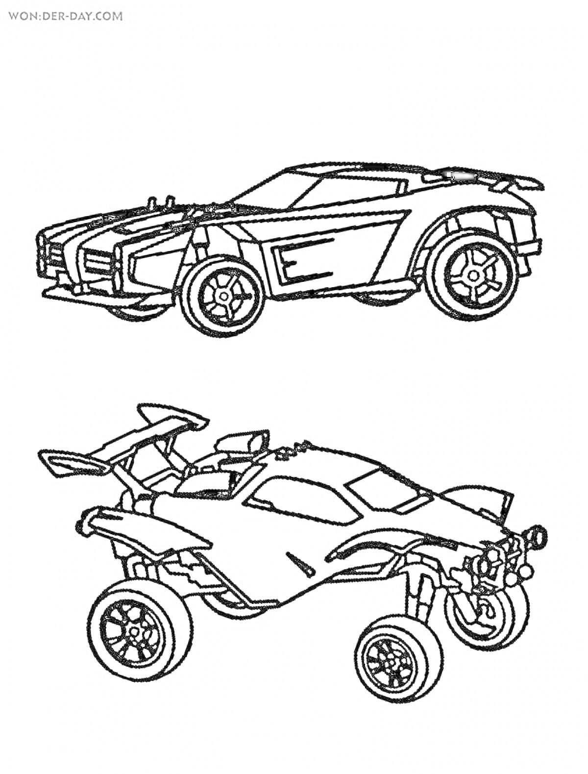 Раскраска Две автомобильные модели из игры Rocket League, одна с традиционным шасси, другая с внедорожным шасси и реактивным двигателем