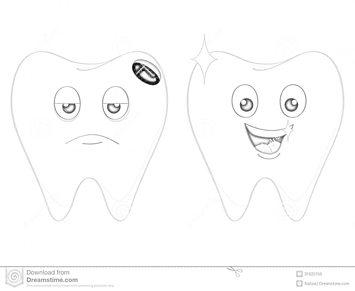 Грустный зуб с кариесом и счастливый здоровый зуб