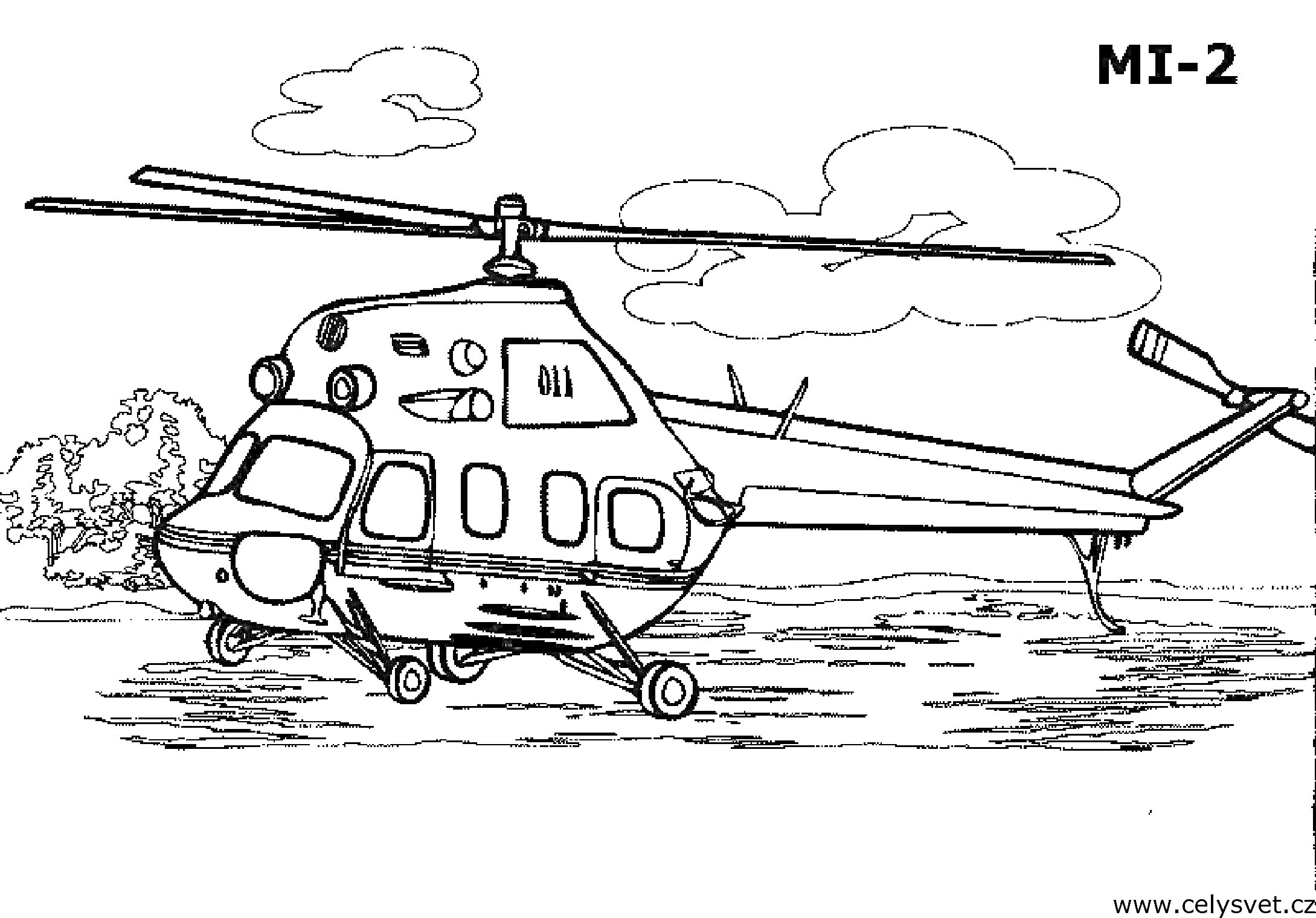 На раскраске изображено: Вертолет, Ротор, Облака, Деревья, Небо, Авиация