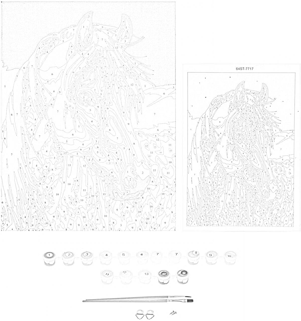 На раскраске изображено: Лошадь, Холст, Краски, Творчество, Арт-набор, Живопись по номерам