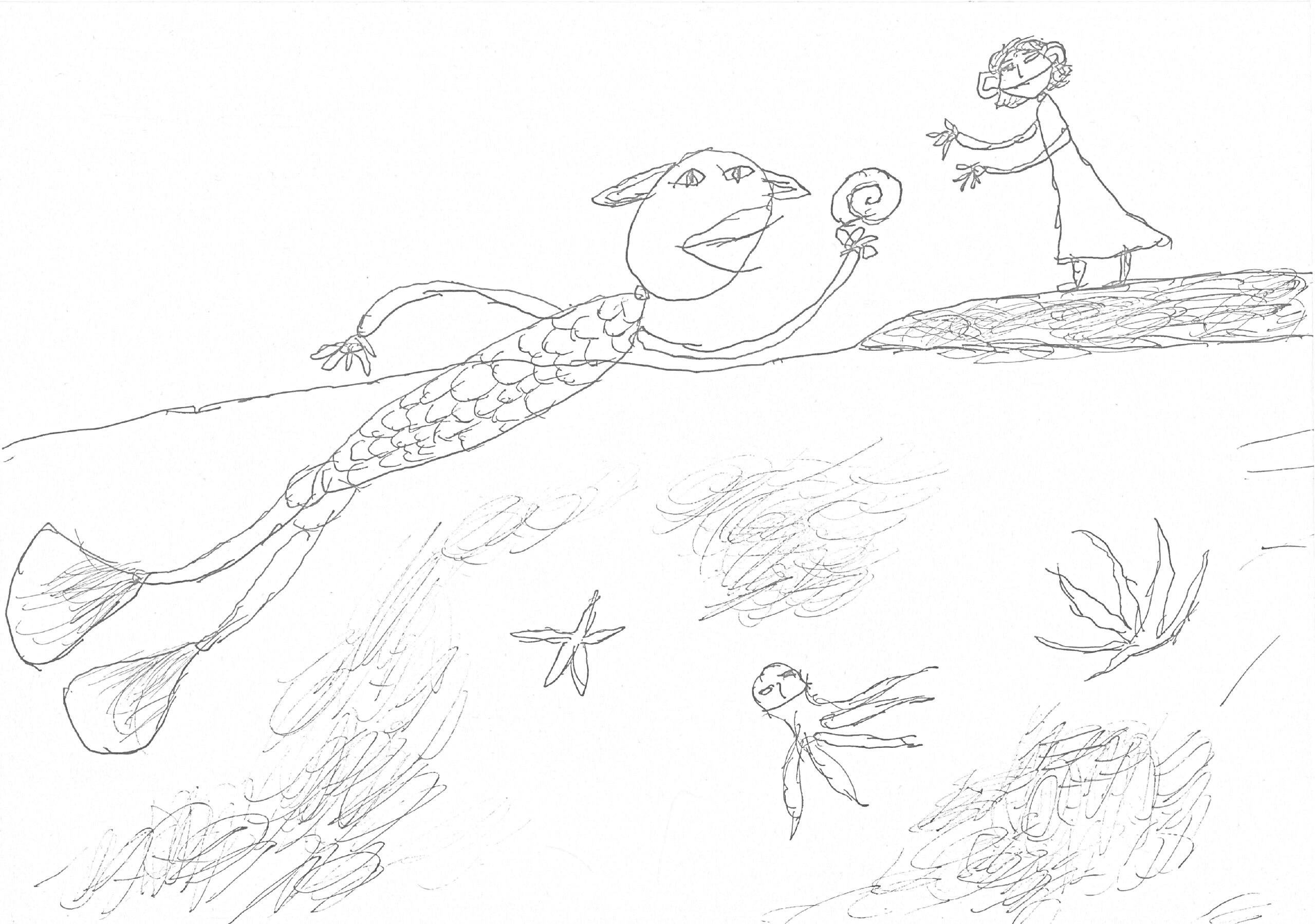 На раскраске изображено: Человек-амфибия, Ракушка, Берег, Подводный мир, Морские звезды, Водоросли