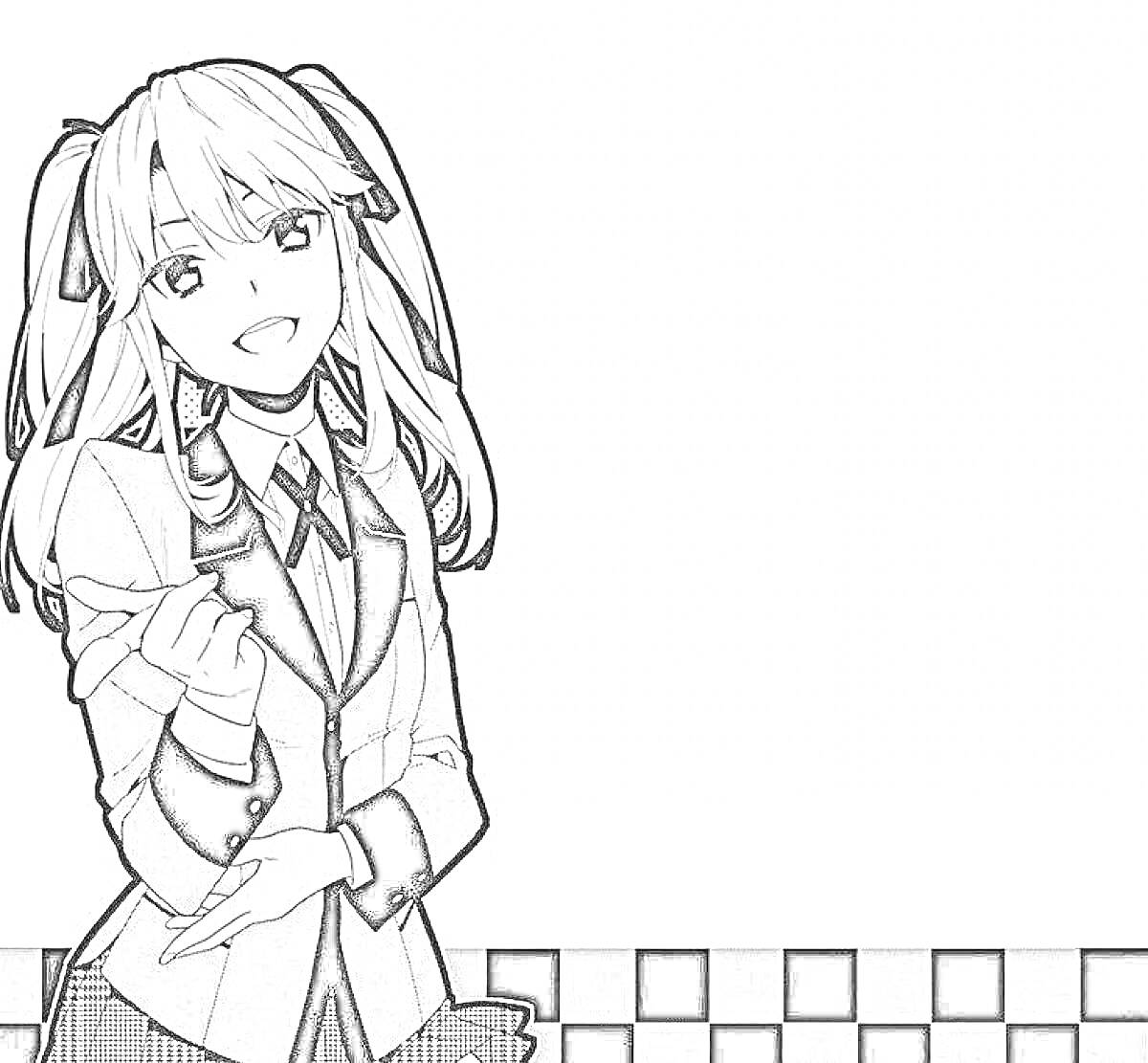 Раскраска Девушка с длинными волосами в школьной форме на фоне с черно-белыми клетками