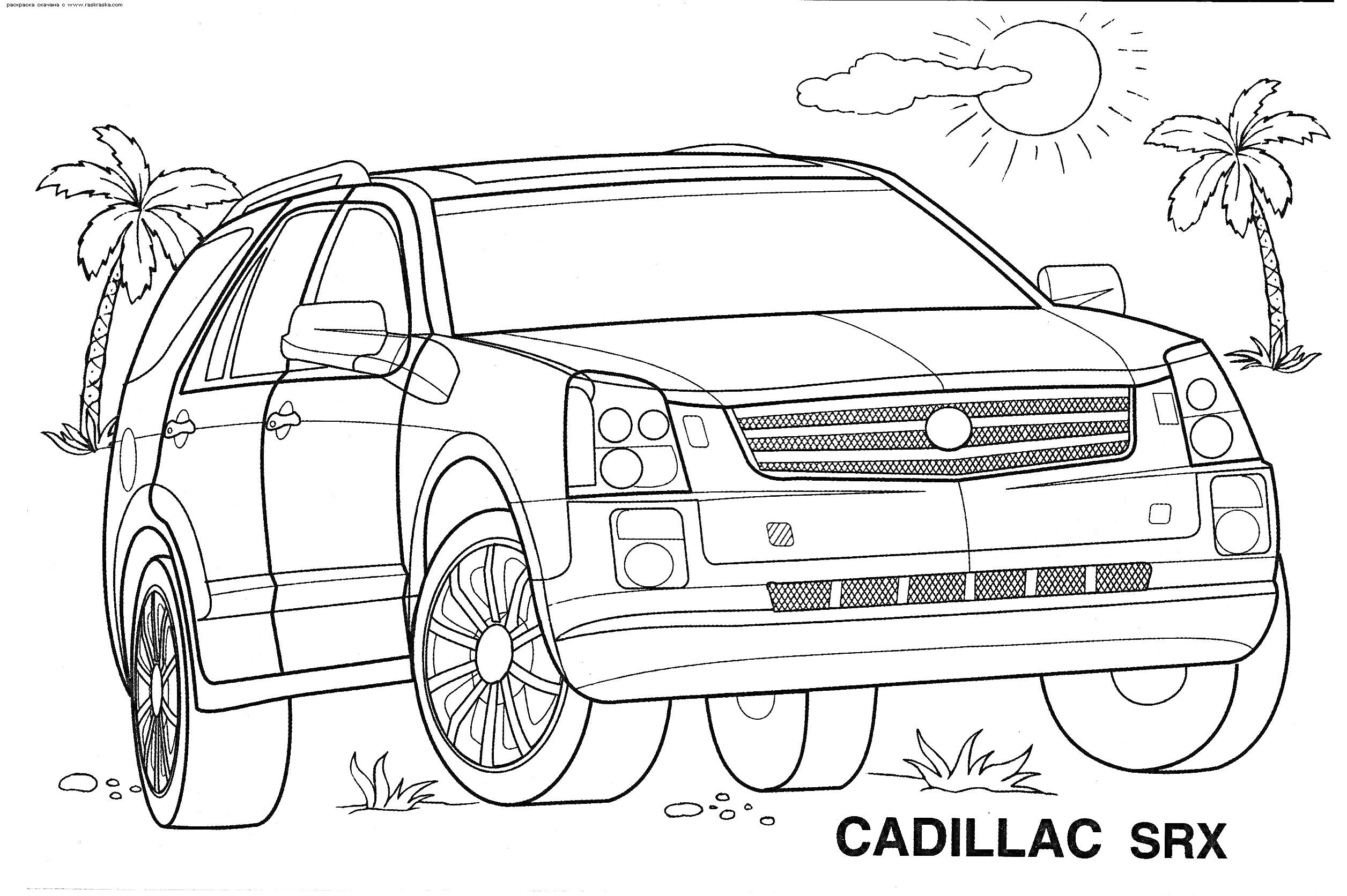 Раскраска Кадиллак SRX с пальмами и солнцем на заднем плане