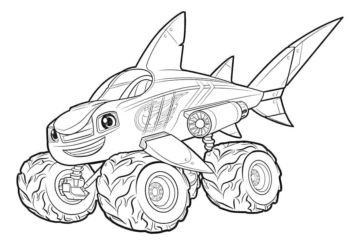 Раскраска Машина-монстр в форме акулы с улыбкой и большими колесами