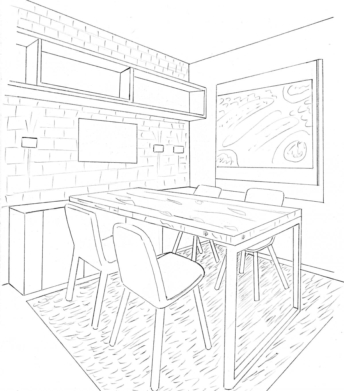 На раскраске изображено: Столовая, Комната, Обеденный стол, Ковер, Мебель