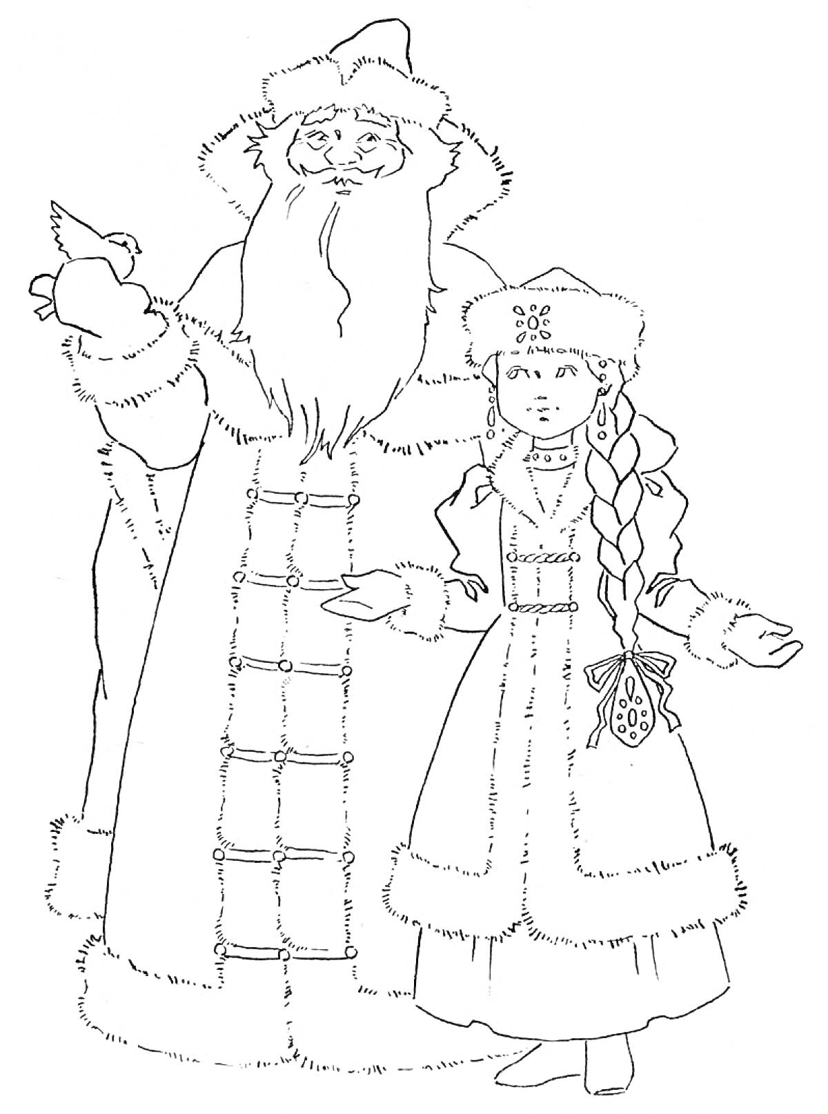 Дед Мороз и Снегурочка в зимних костюмах с косой и шубой