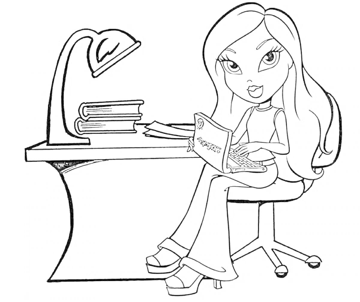 На раскраске изображено: Девочка, Письменный стол, Ноутбук, Лампа, Кресло, Длинные волосы, Работа, Учеба, Книга
