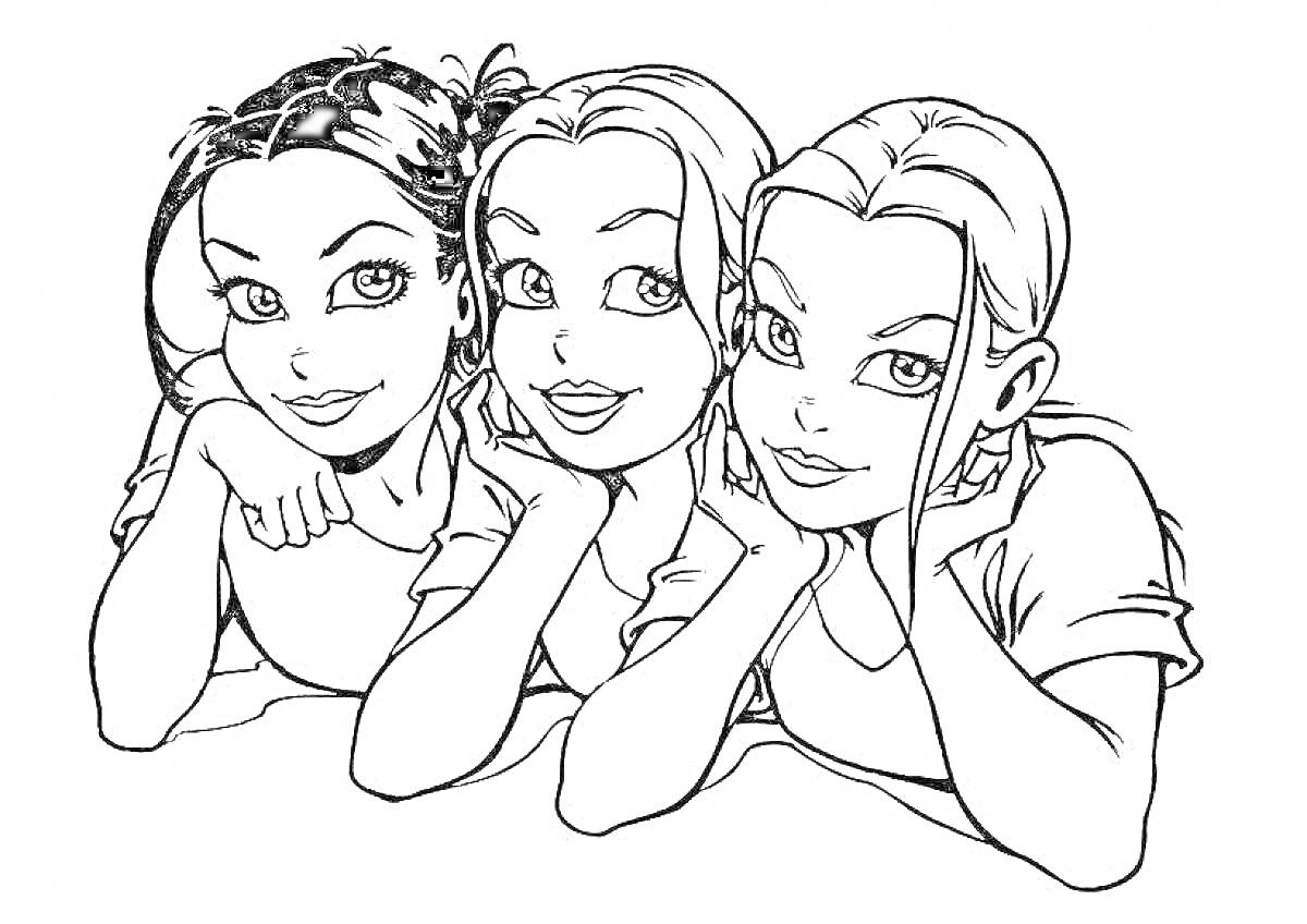 Раскраска Девушки-подружки с длинными волосами, лежащие на животах и опирающиеся на руки