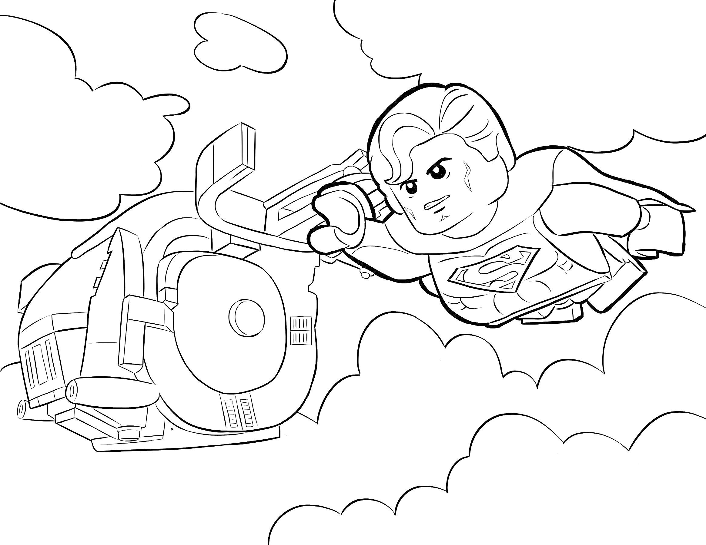 На раскраске изображено: Супермен, Лего, Вертолет, Облака, Полет, Супергерои, Игра, Творчество, Для детей