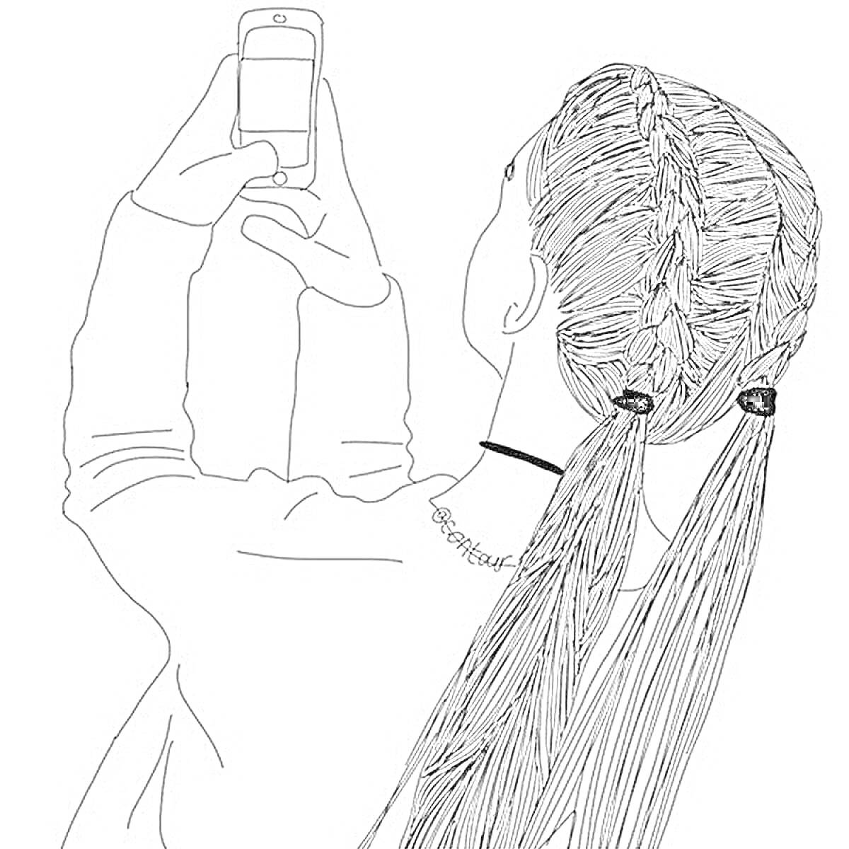 Раскраска Человек с двумя косами делает селфи на смартфон, вид сзади